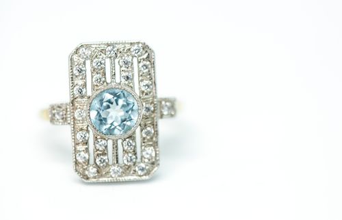 Art Deco inspired Aquamarine & Diamond Ring